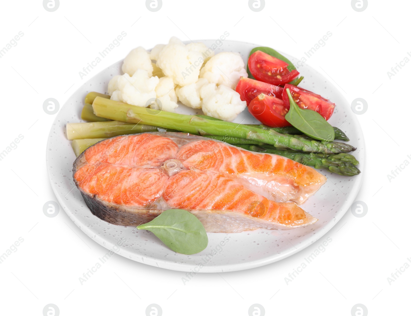 Photo of Healthy meal. Plate with grilled salmon steak and vegetables isolated on white