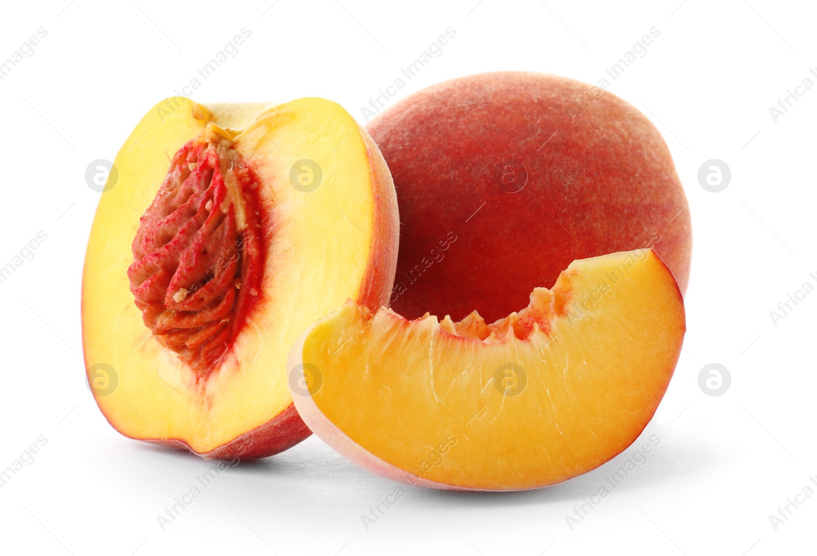 Photo of Fresh sweet peaches on white background