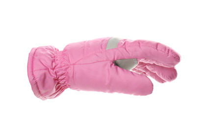 Woman wearing pink ski glove on white background, closeup. Winter sports clothes