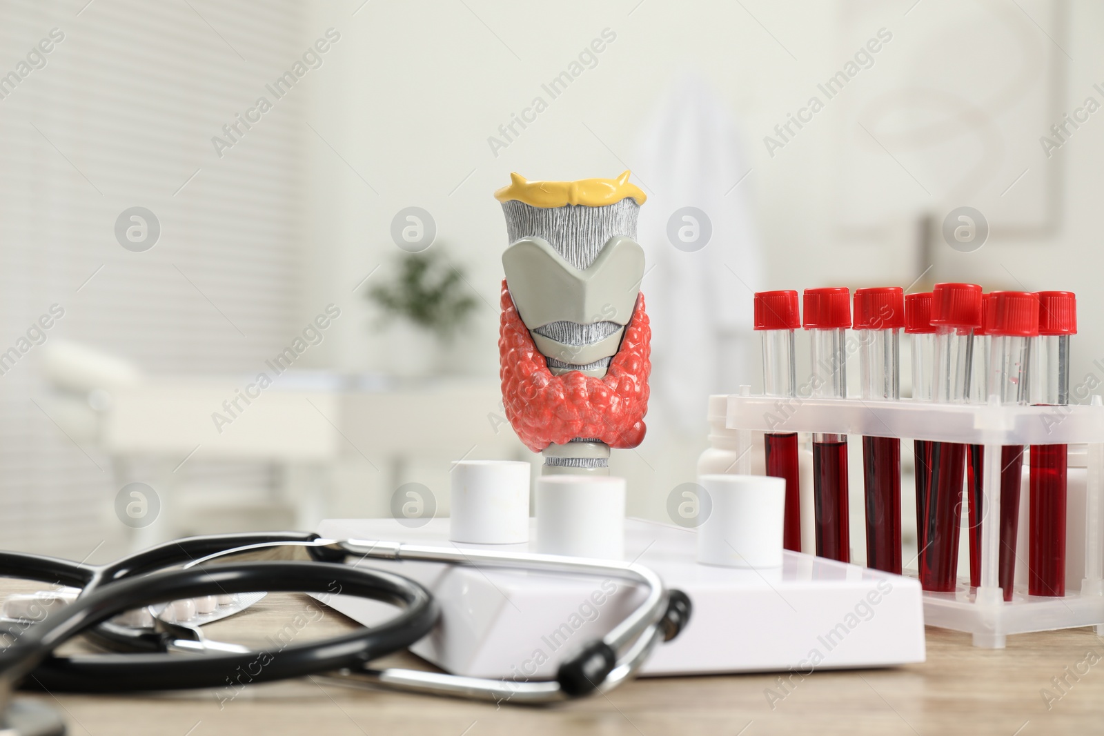Photo of Endocrinology. Stethoscope, model of thyroid gland and blood samples in test tubes on table indoors