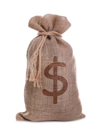 Image of Burlap bag with dollar sign on white background