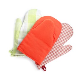 Photo of Oven gloves for hot dishes on white background, top view