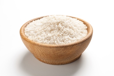 Photo of Bowl with rice on white background. Natural food high in protein