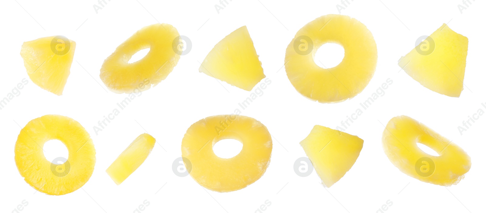 Image of Canned pineapple rings and pieces flying on white background, banner design 