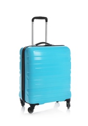 Modern suitcase for travelling on white background