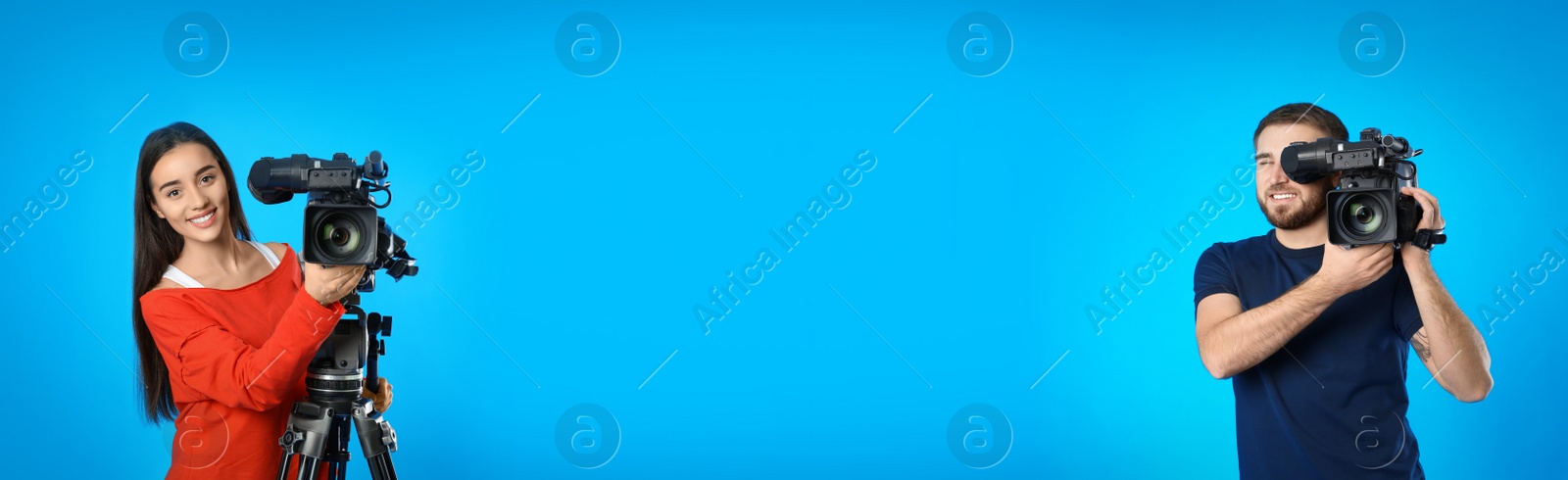 Image of Operators with professional video cameras on blue background, space for text. Banner design