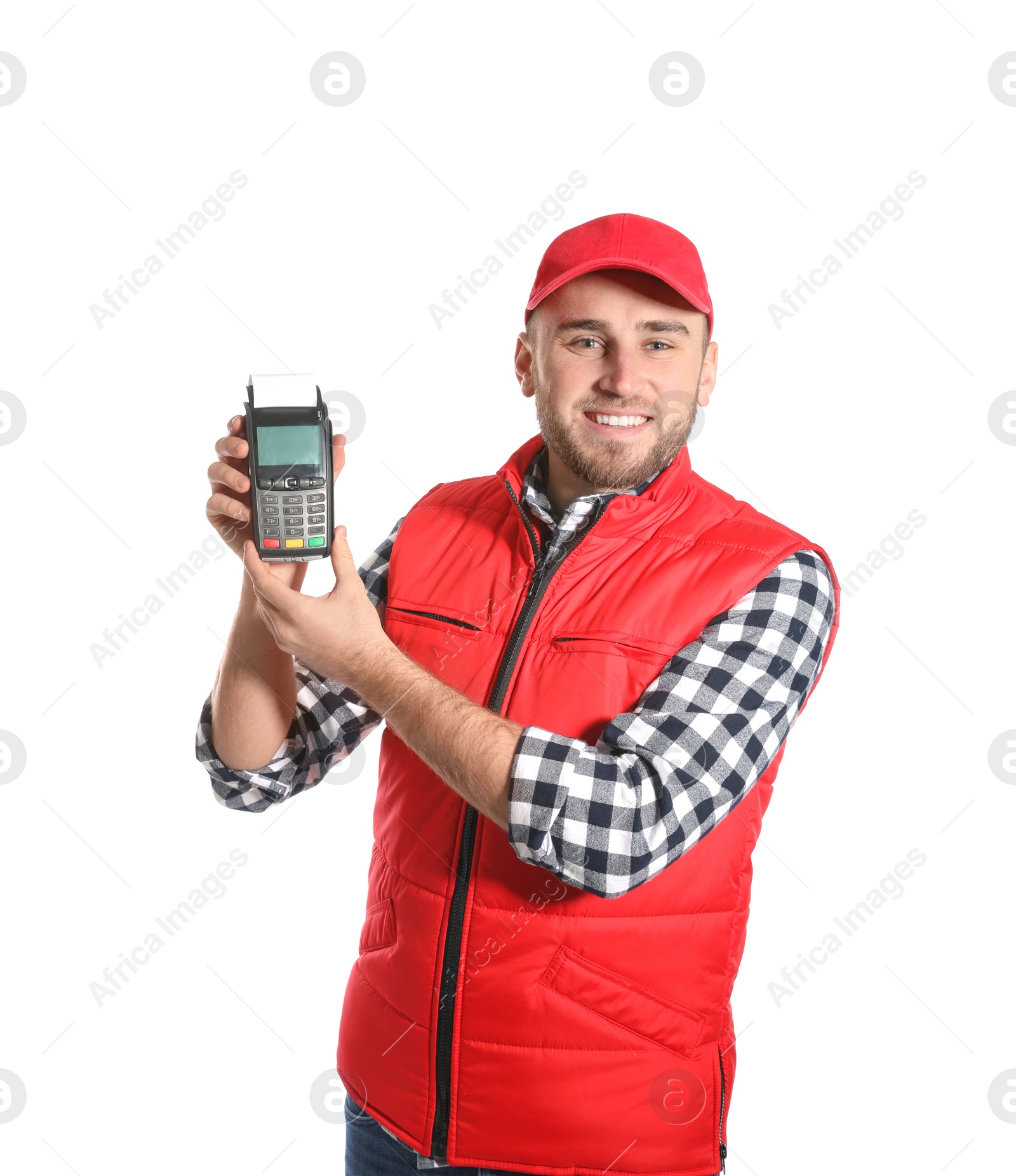 Photo of Smiling courier holding payment terminal isolated on white