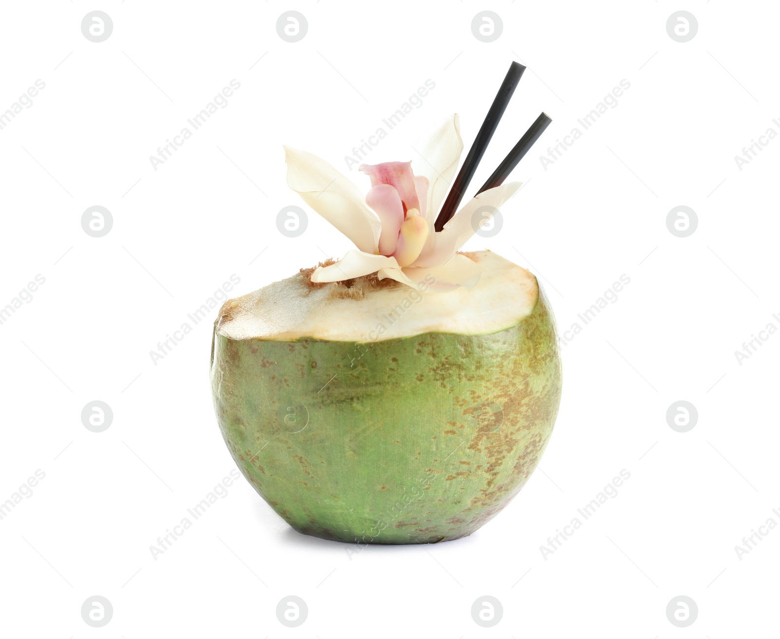 Photo of Fresh green coconut with drinking straws on white background