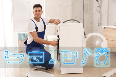 Image of Sanitary engineering service. Professional plumber repairing washing machine in bathroom