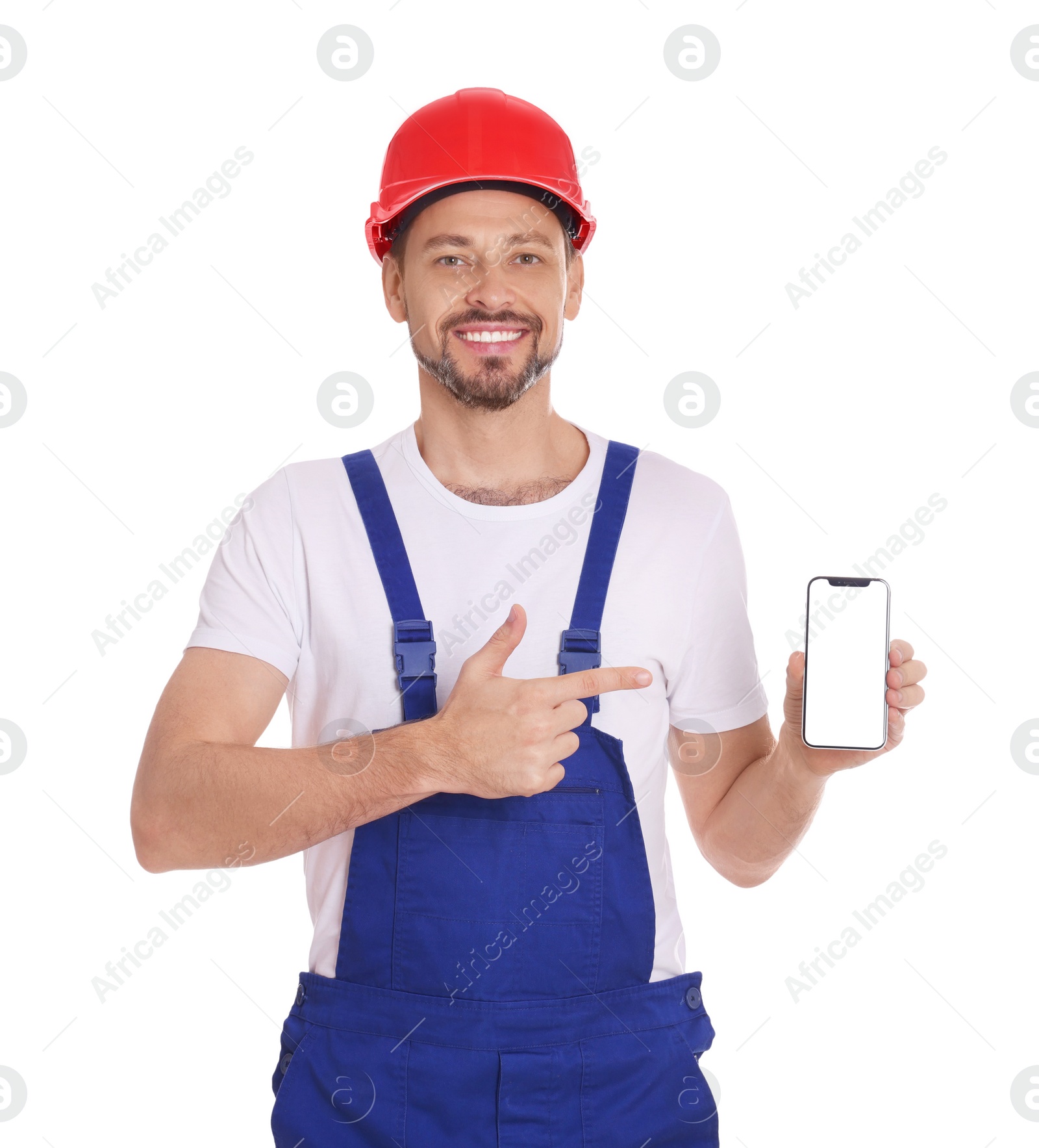 Photo of Professional repairman in uniform with phone on white background