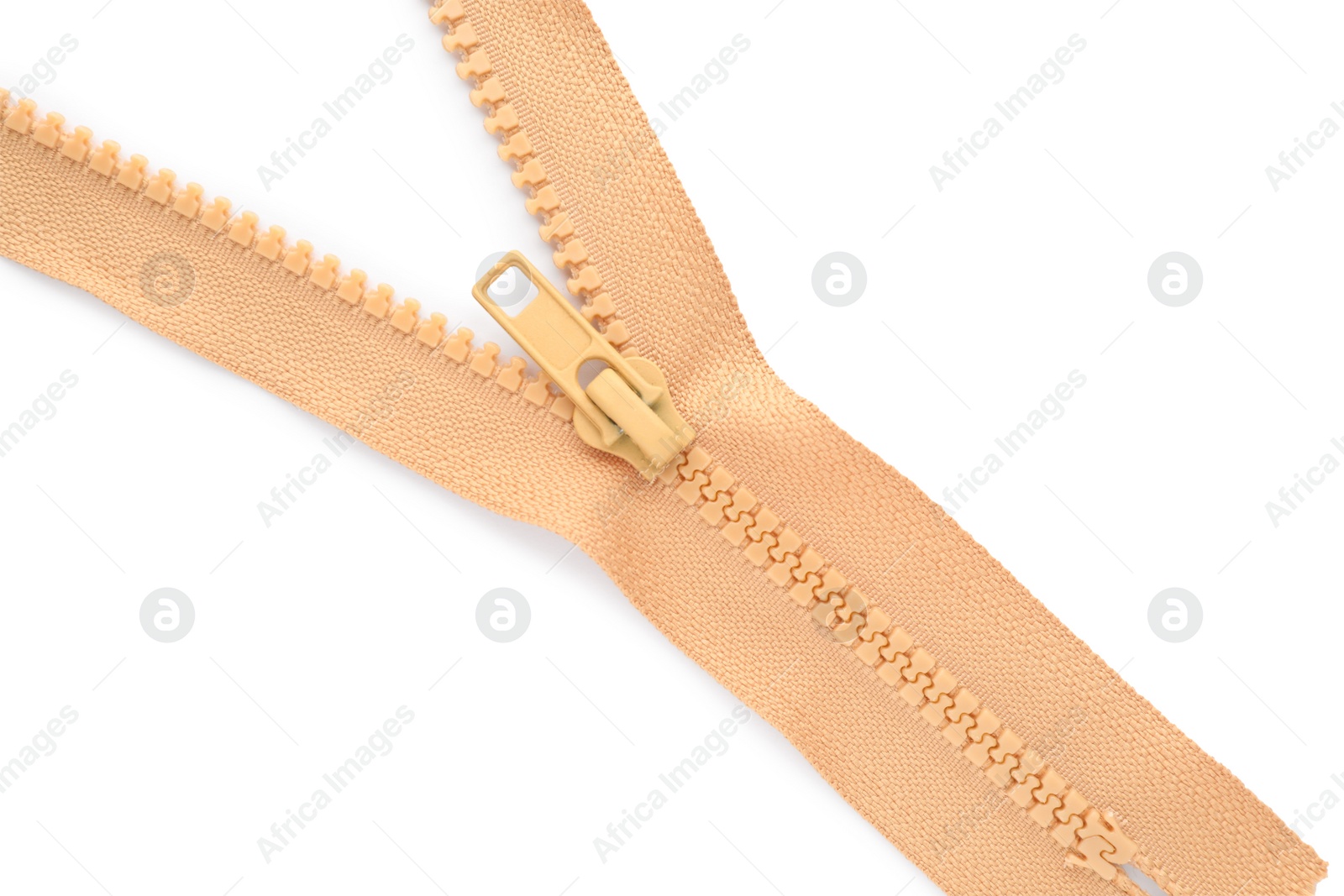 Photo of Beige zipper on white background, top view