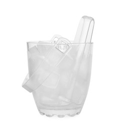 Photo of Glass bucket with ice cubes and tongs isolated on white