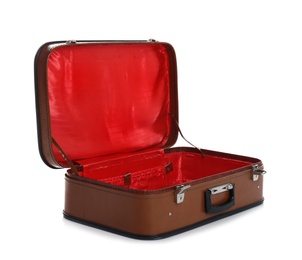 Photo of Open classic brown suitcase on white background