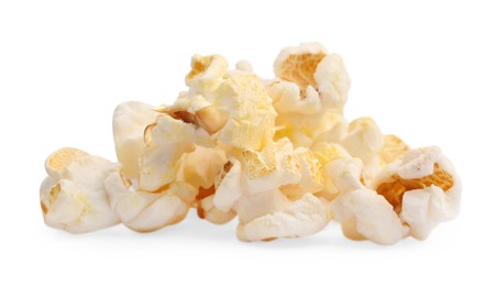 Photo of Fresh popcorn isolated on white. Tasty snack