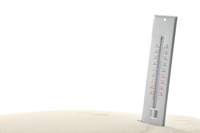 Photo of Weather thermometer in sand against white background