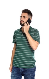 Portrait of handsome young man with mobile phone on white background