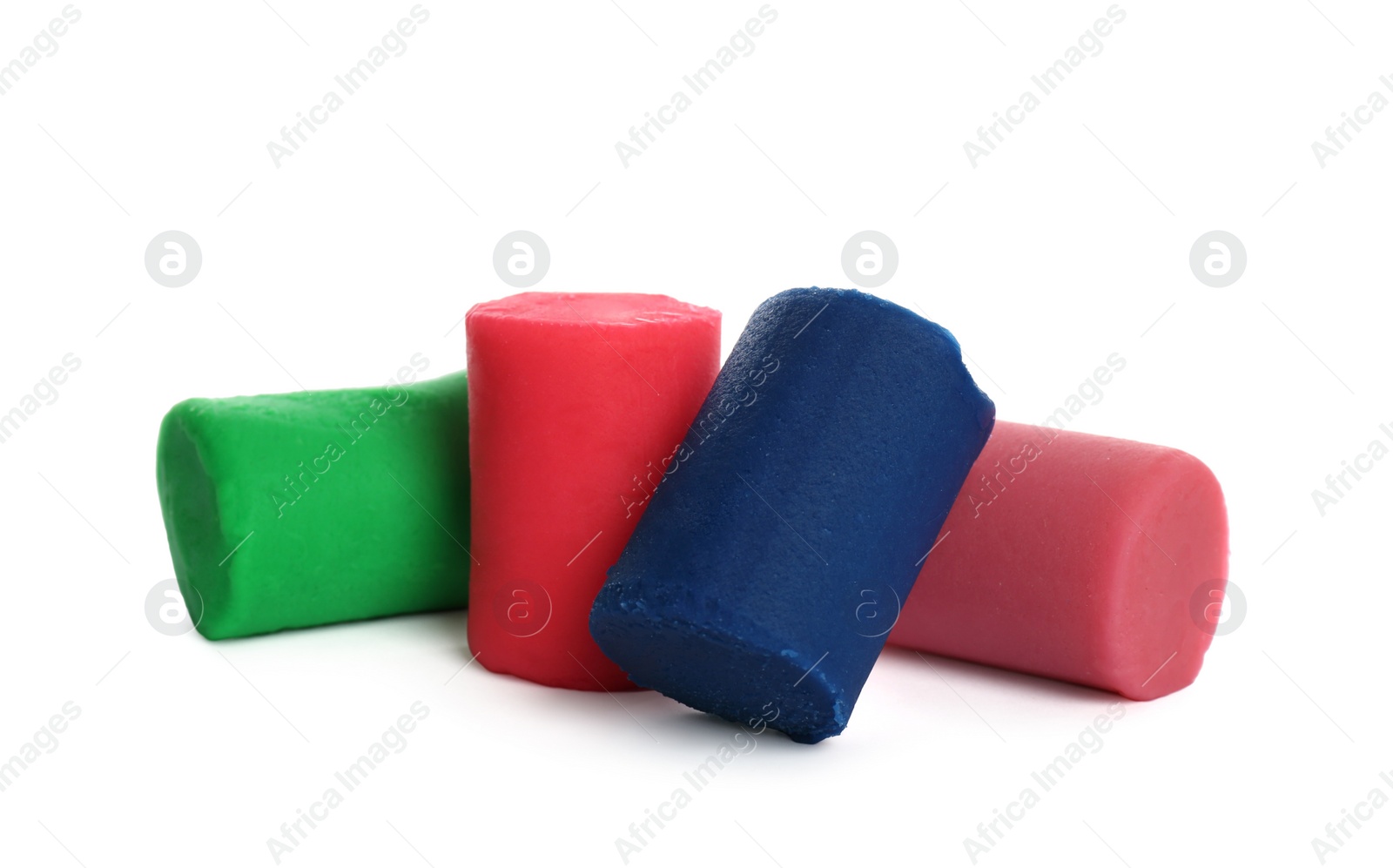 Photo of Different colorful play dough on white background