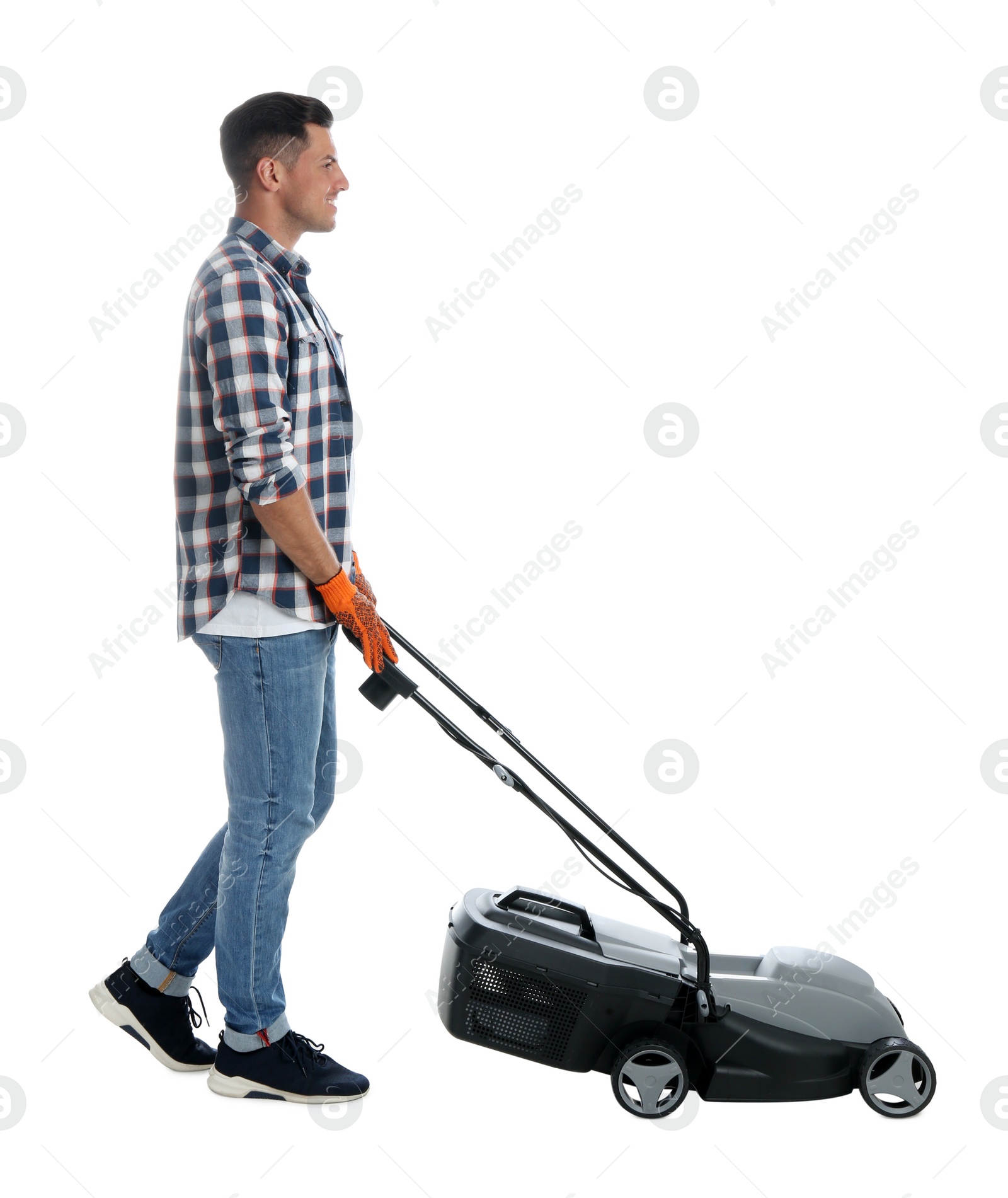 Photo of Man with modern lawn mower on white background