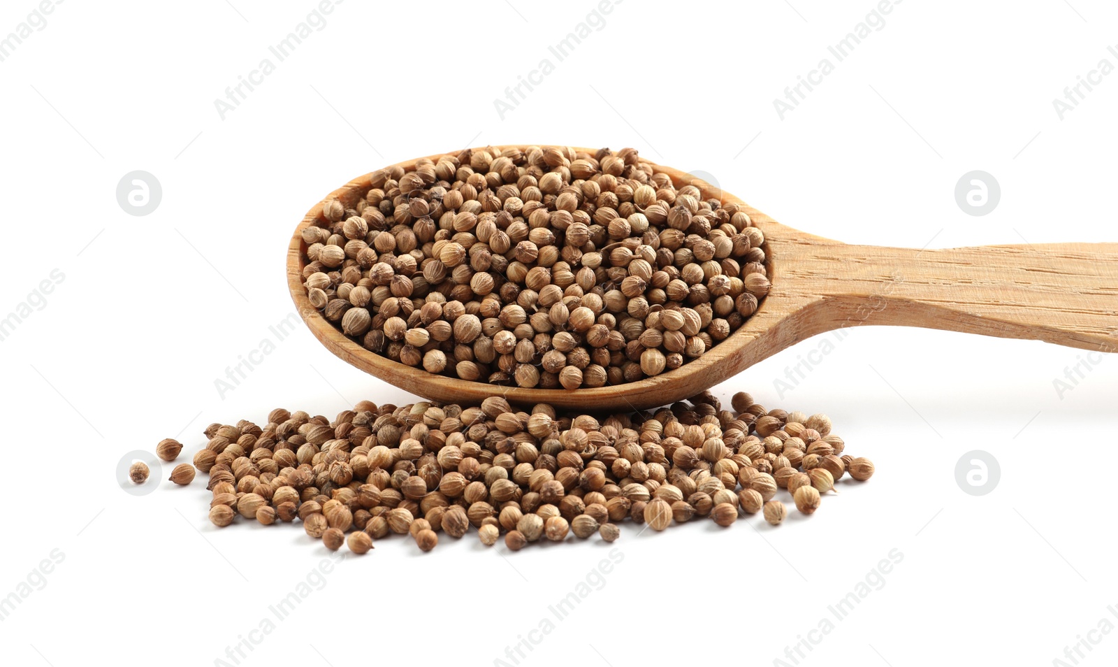 Photo of Dried coriander seeds with wooden spoon on white background