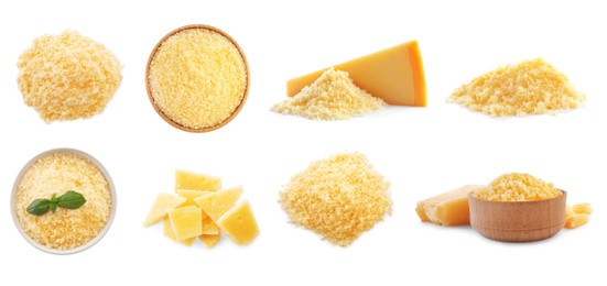 Image of Set with delicious parmesan cheese on white background. Banner design