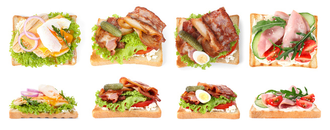 Image of Set of toasted bread with different toppings on white background, banner design 