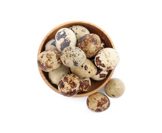 Photo of Wooden bowl and quail eggs isolated on white, top view