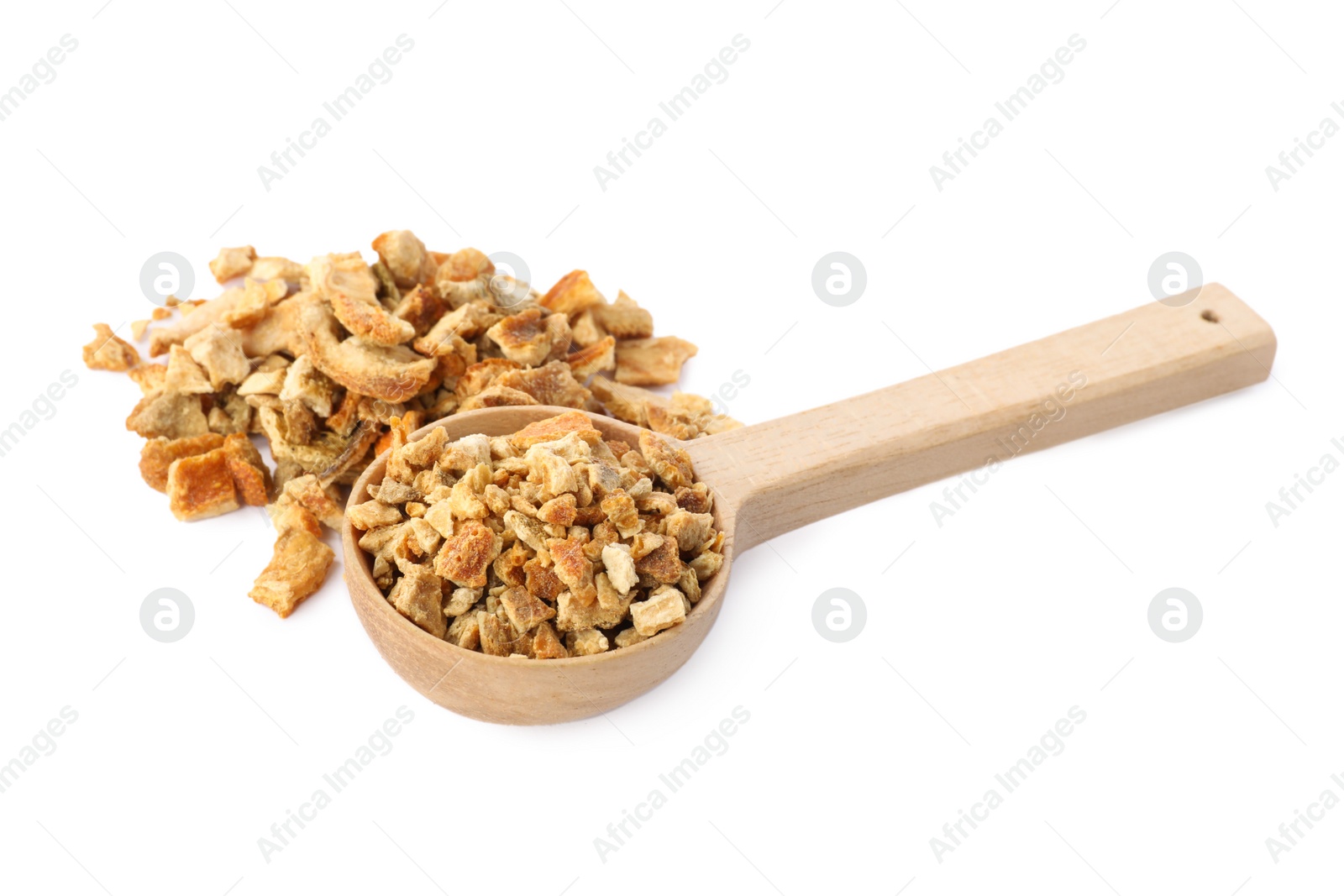 Photo of Spoon with dried orange zest seasoning isolated on white