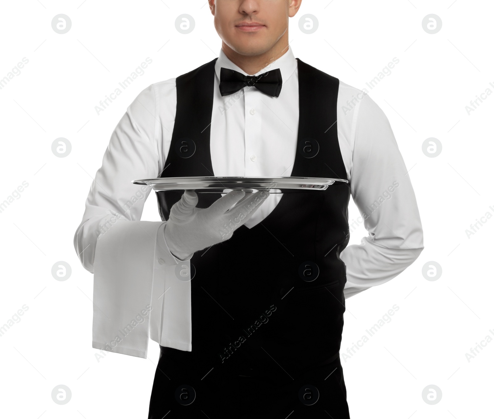 Photo of Elegant butler holding silver tray isolated on white, closeup