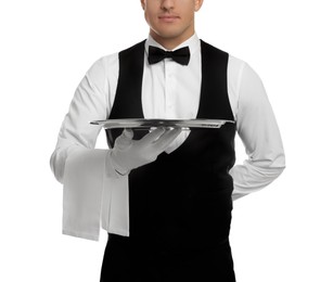 Elegant butler holding silver tray isolated on white, closeup