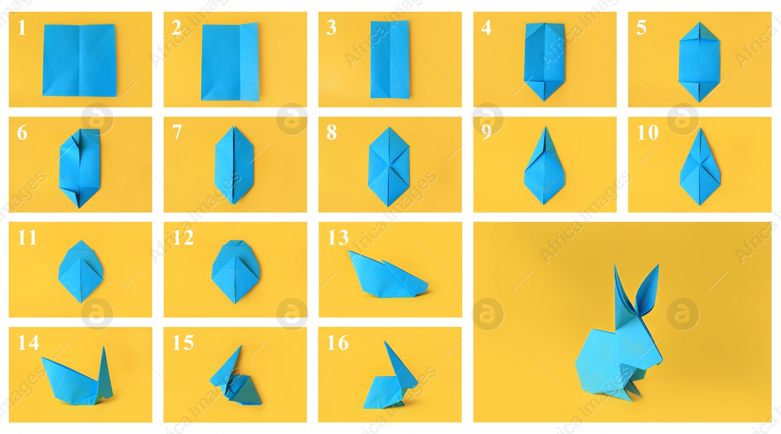 Image of Origami art. Making light blue paper bunny step by step, photo collage on yellow background