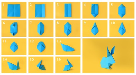 Origami art. Making light blue paper bunny step by step, photo collage on yellow background