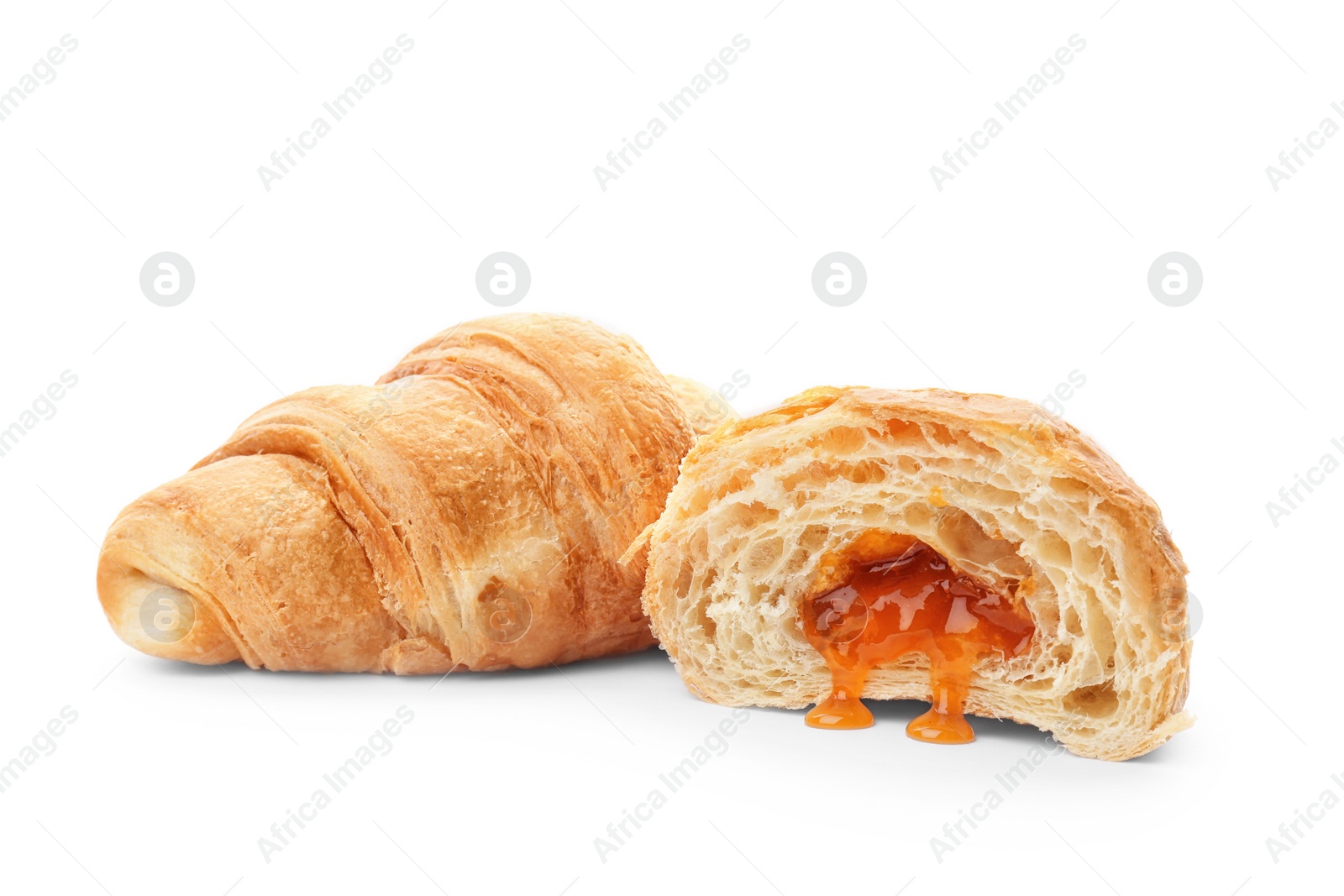 Photo of Tasty croissants with jam on white background