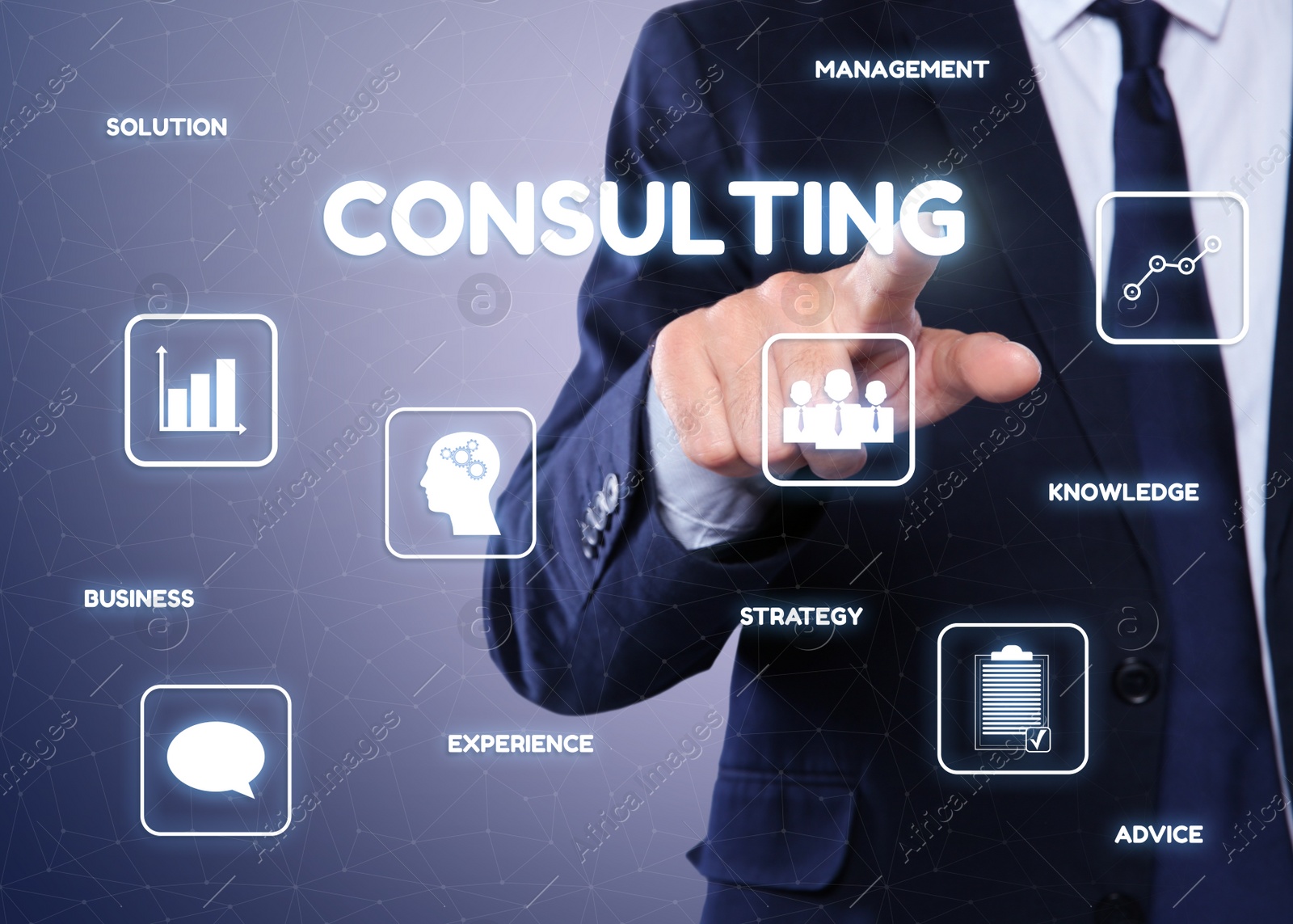 Image of Man pointing at word CONSULTING on virtual screen, closeup