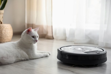 Modern robotic vacuum cleaner and cute cat on floor indoors