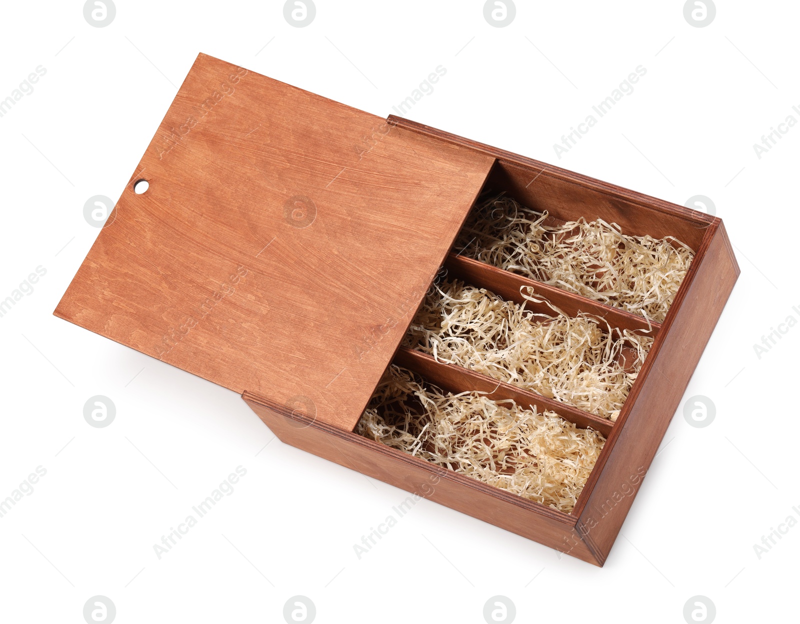 Photo of Open wooden wine box with straw isolated on white