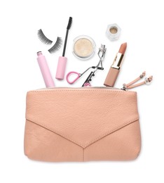 Photo of Cosmetic bag with eyelash curler and makeup products on white background, top view