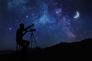 Image of Astronomer with telescope pointing at starry sky outdoors
