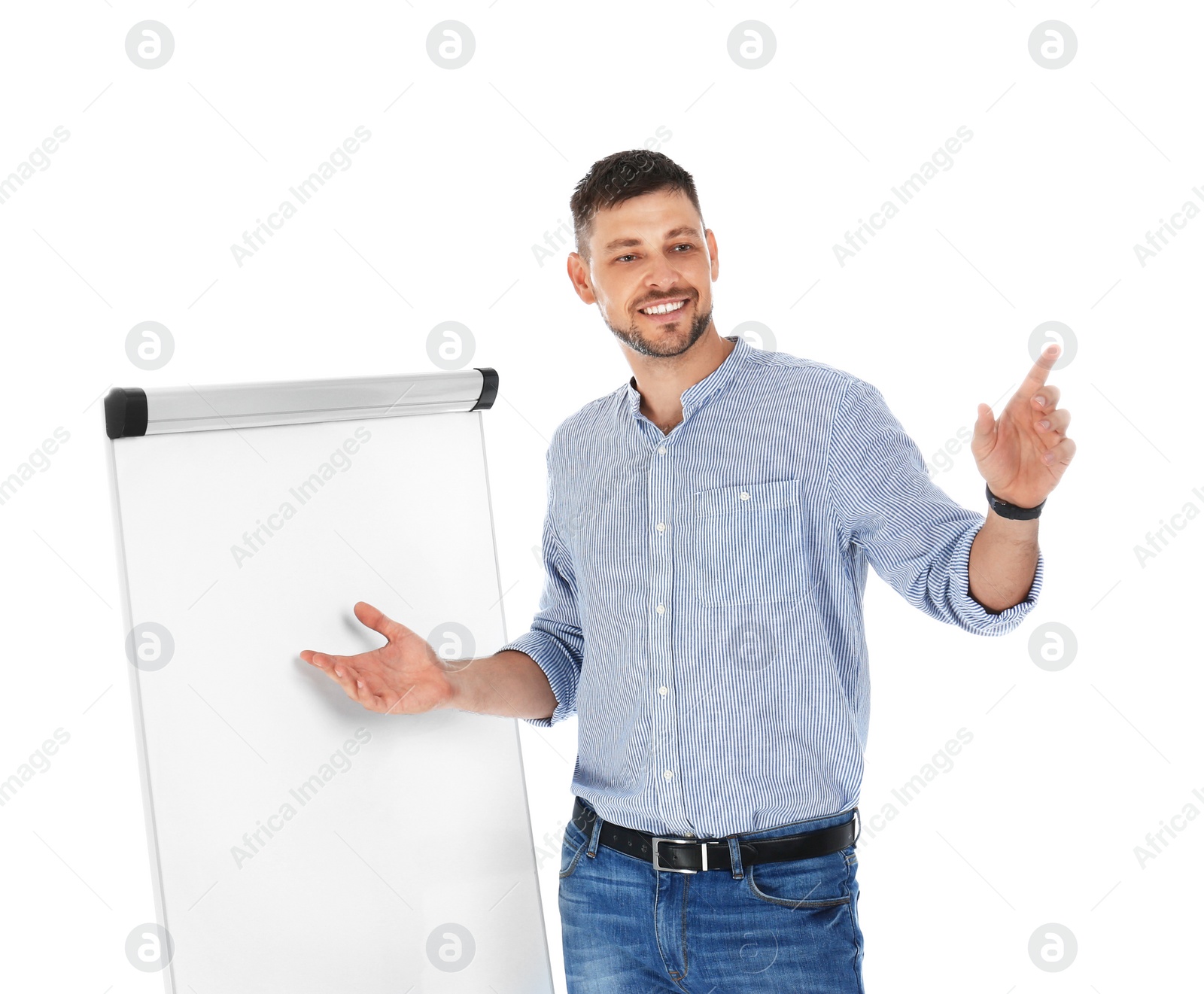 Photo of Professional business trainer near flip chart board on white background