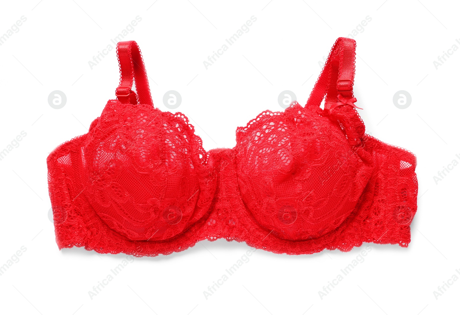 Photo of Elegant red women's underwear isolated on white, top view