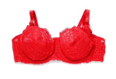 Photo of Elegant red women's underwear isolated on white, top view
