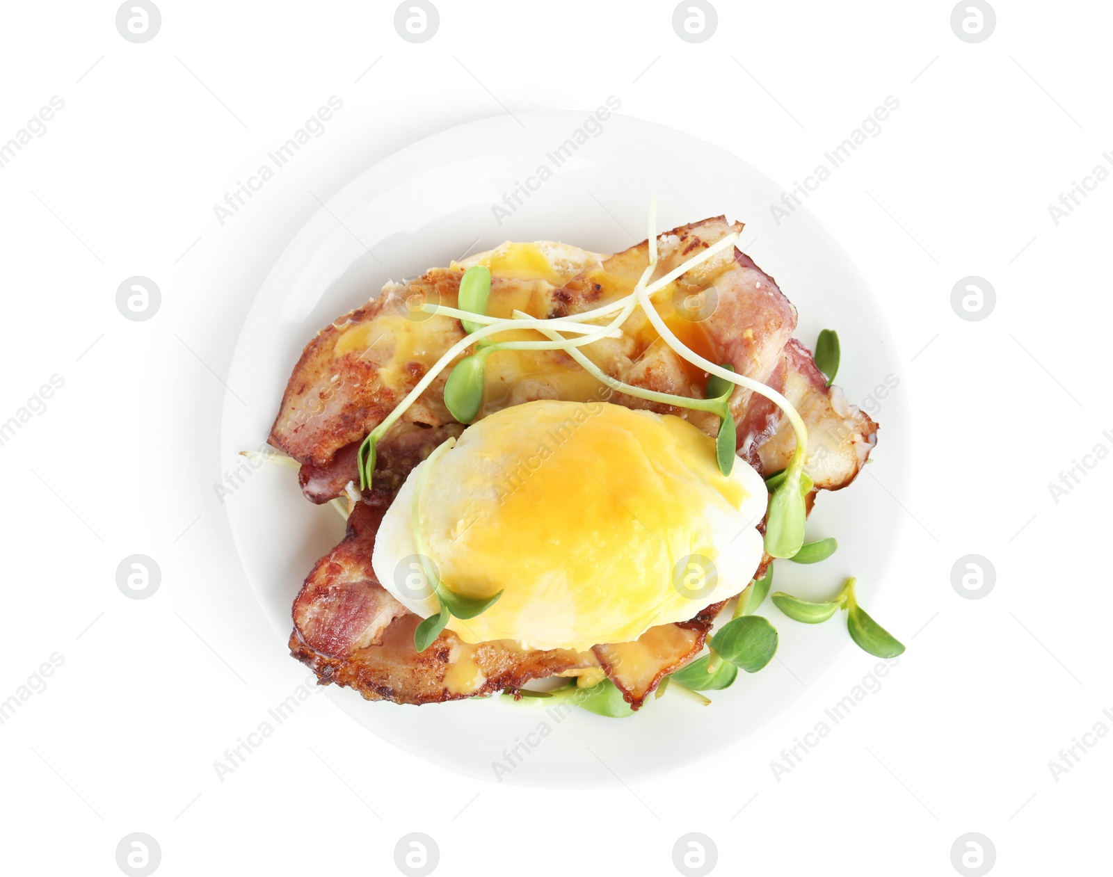 Photo of Tasty egg Benedict with sprouts isolated on white, top view