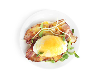 Photo of Tasty egg Benedict with sprouts isolated on white, top view