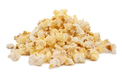 Photo of Pile of tasty fresh popcorn isolated on white