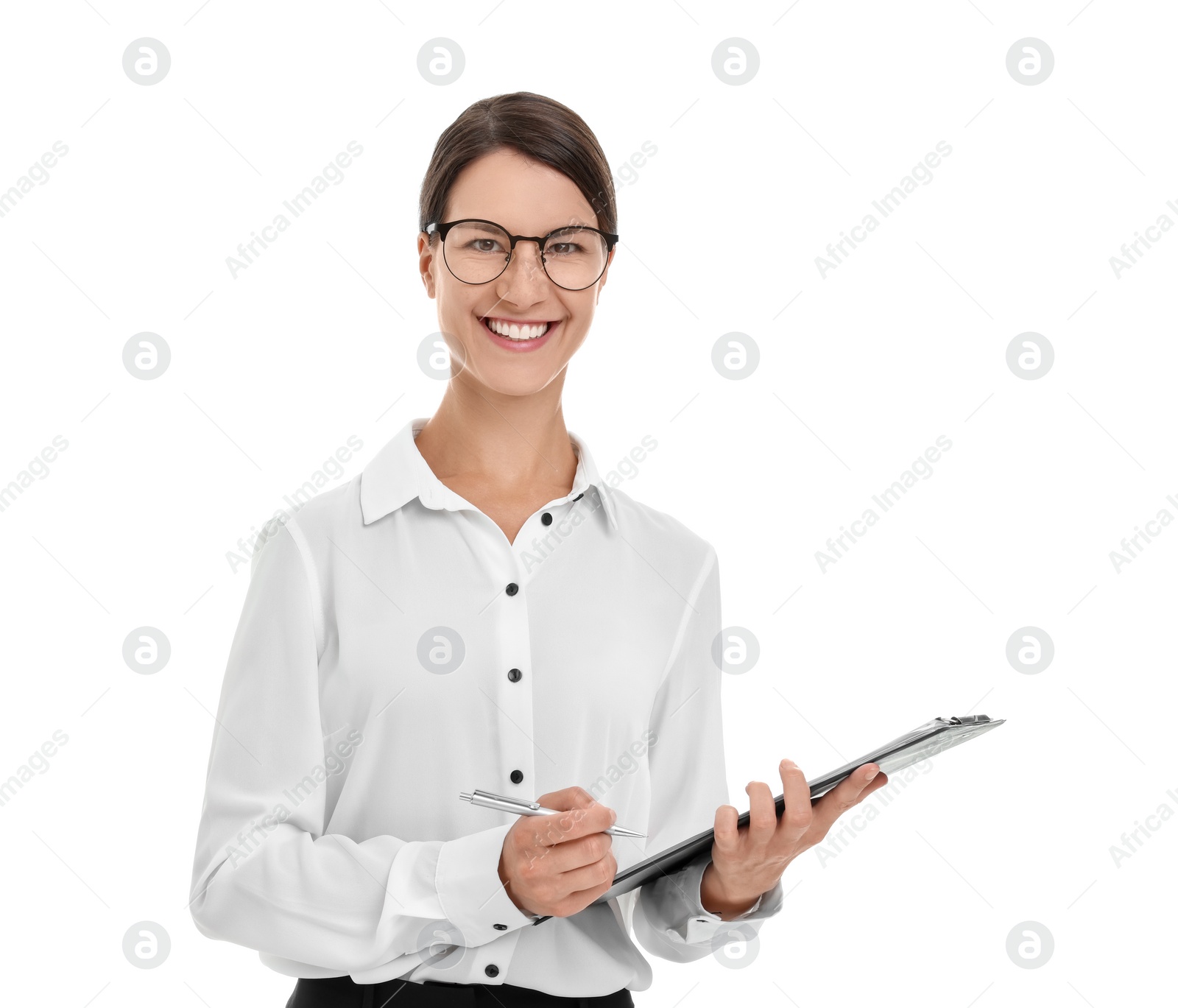 Photo of Happy secretary with clipboard and pen isolated on white