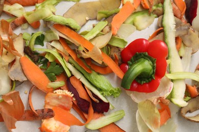 Photo of Peels of fresh vegetables on light grey marble table, flat lay