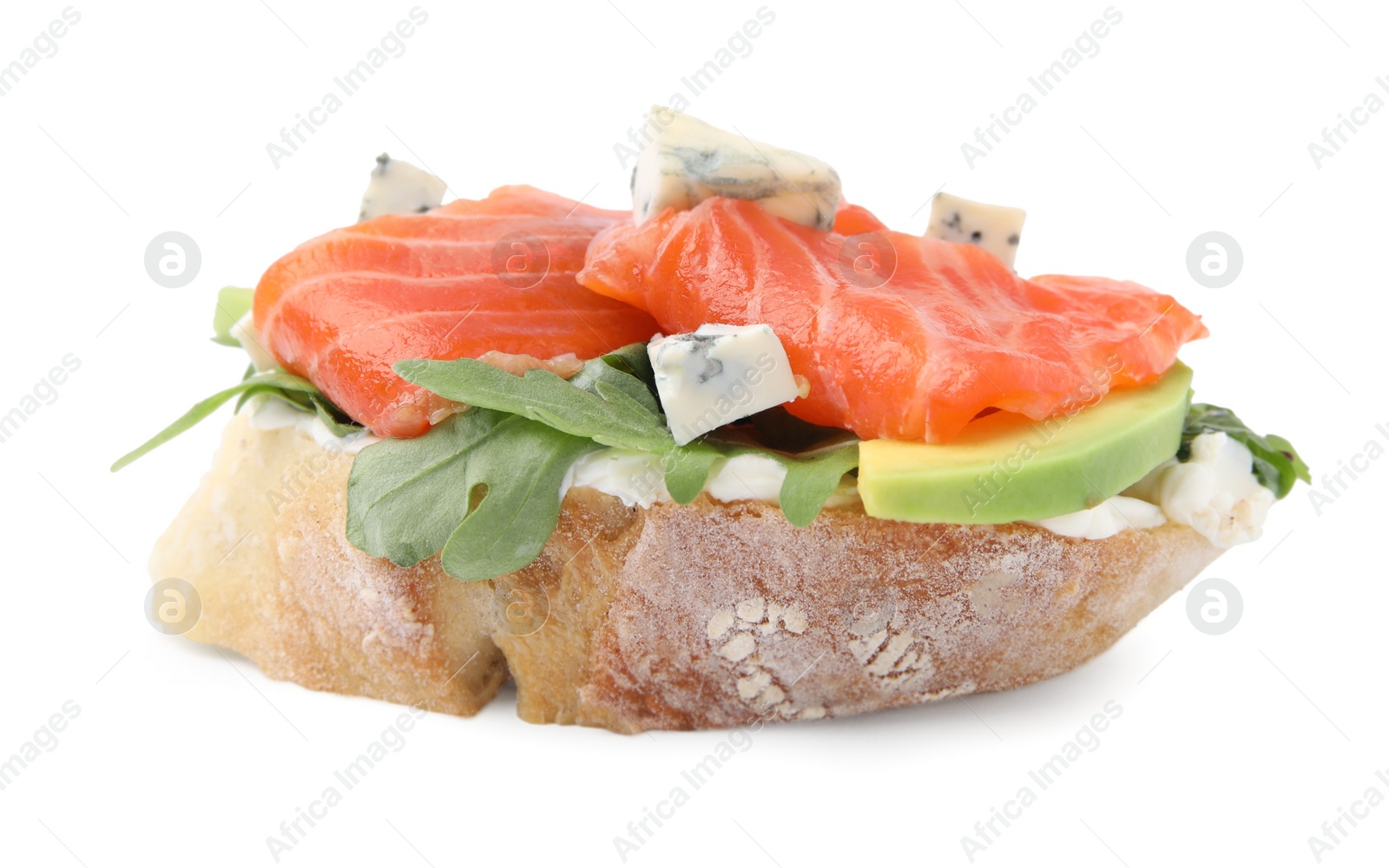 Photo of Tasty bruschetta with salmon, avocado and cheese on white background