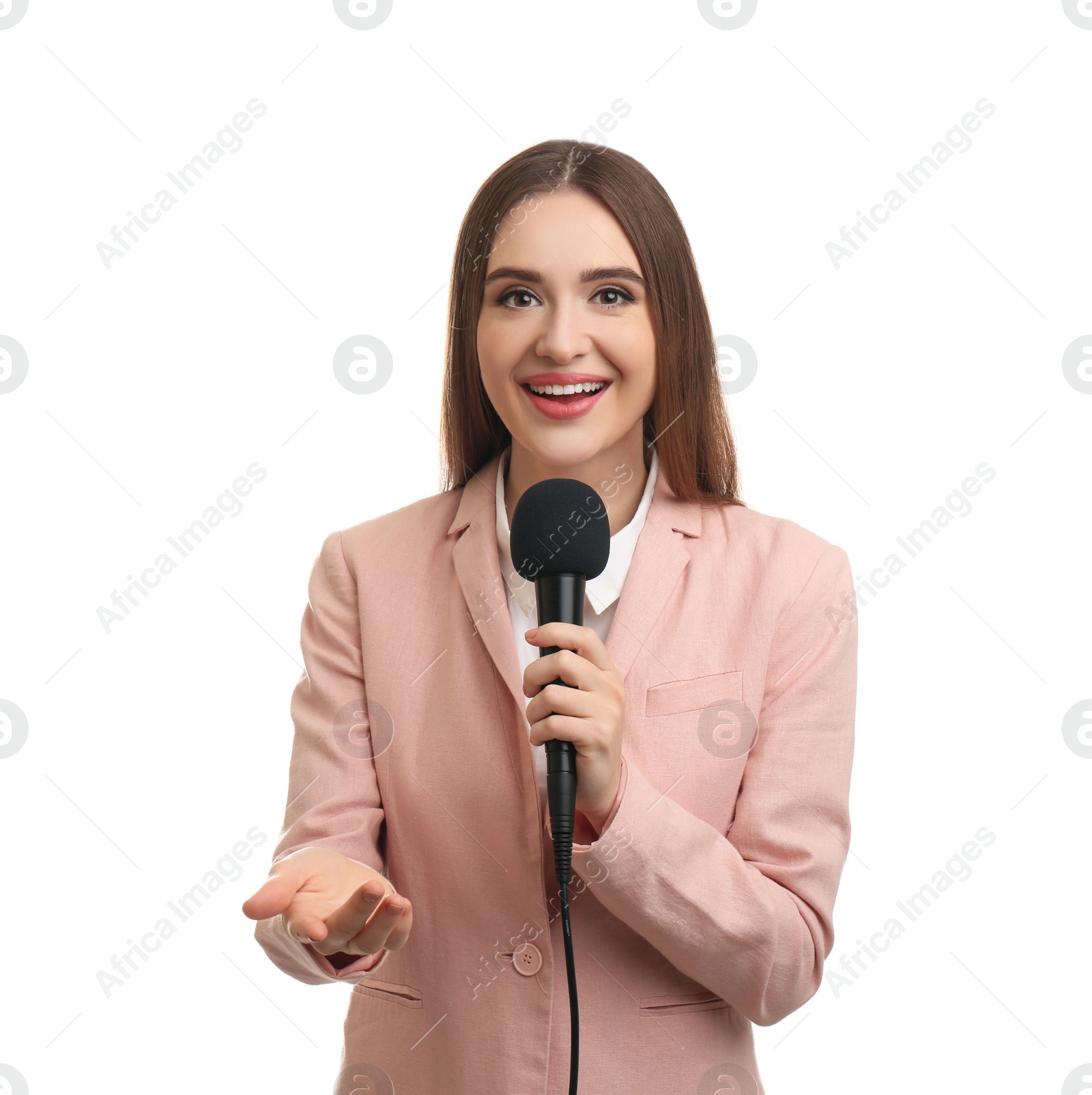 Photo of Young female journalist with microphone on white background