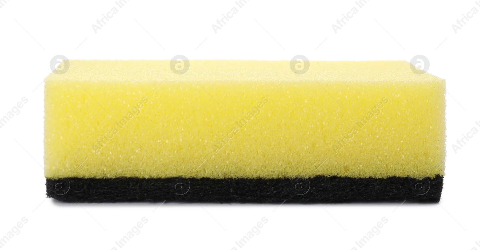 Photo of Yellow cleaning sponge with abrasive black scourer isolated on white