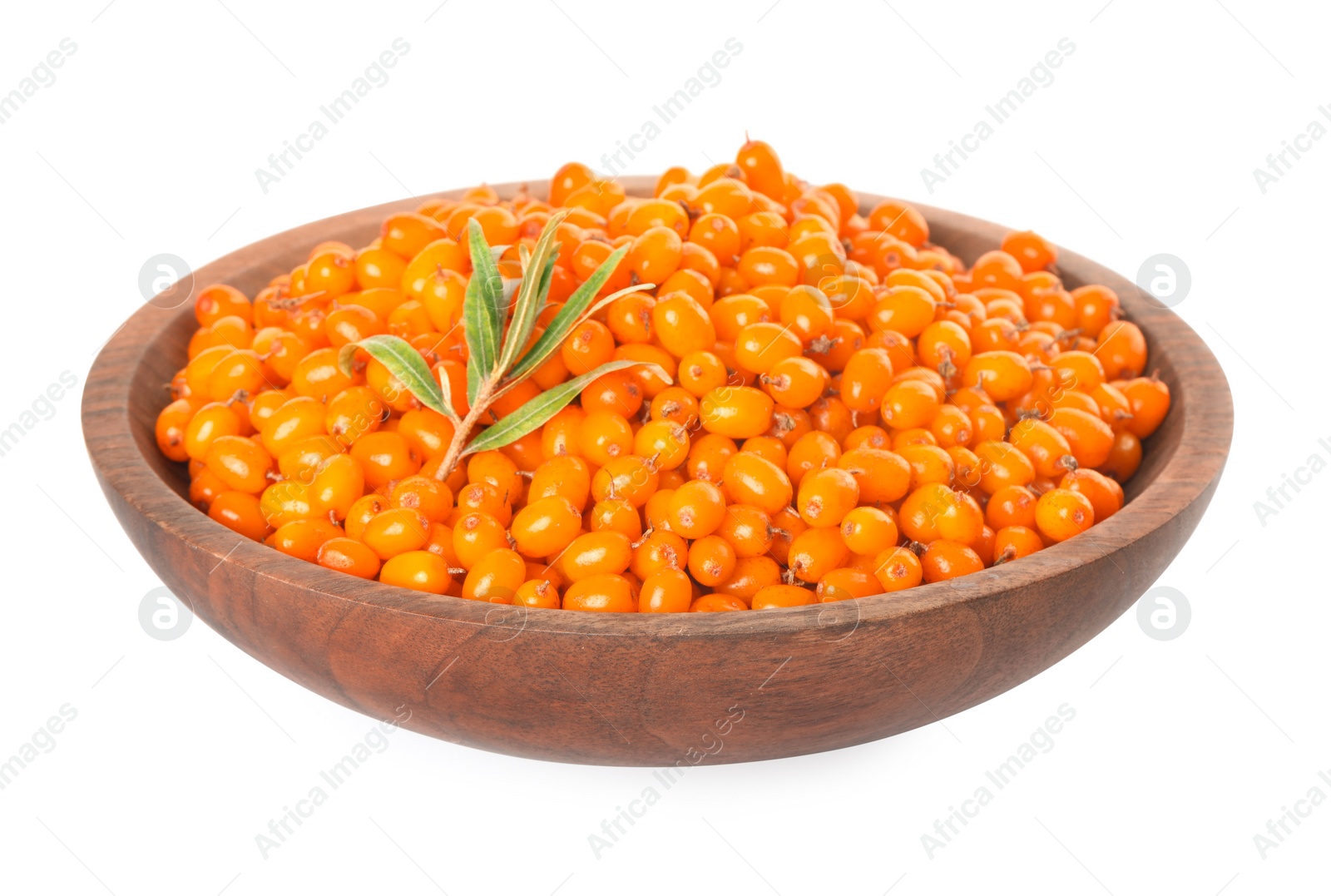 Photo of Fresh ripe sea buckthorn berries in bowl isolated on white