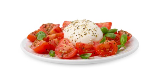Tasty salad Caprese with mozarella, tomatoes and basil on white background